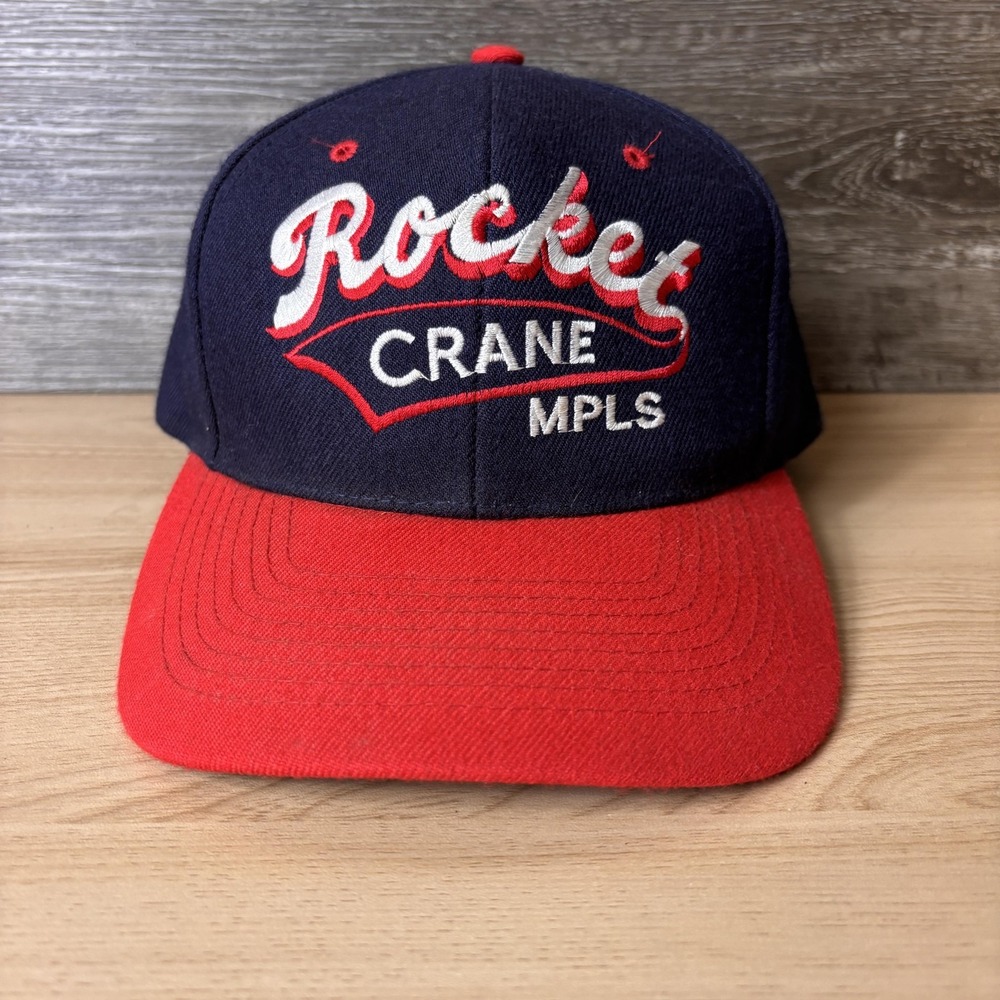 Vintage Rocket Crane MPLS Hat Cap Snap Back Navy Red Embroidered Mens Wool Blend